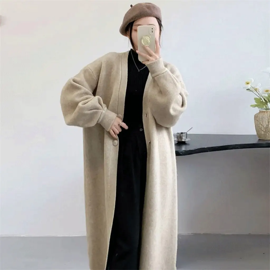 

Women's Soft Waxy Knitted Cardigan Autumn Winter Gentle Loose Slimming Mid-Length Solid Color Lazy Style Jacket