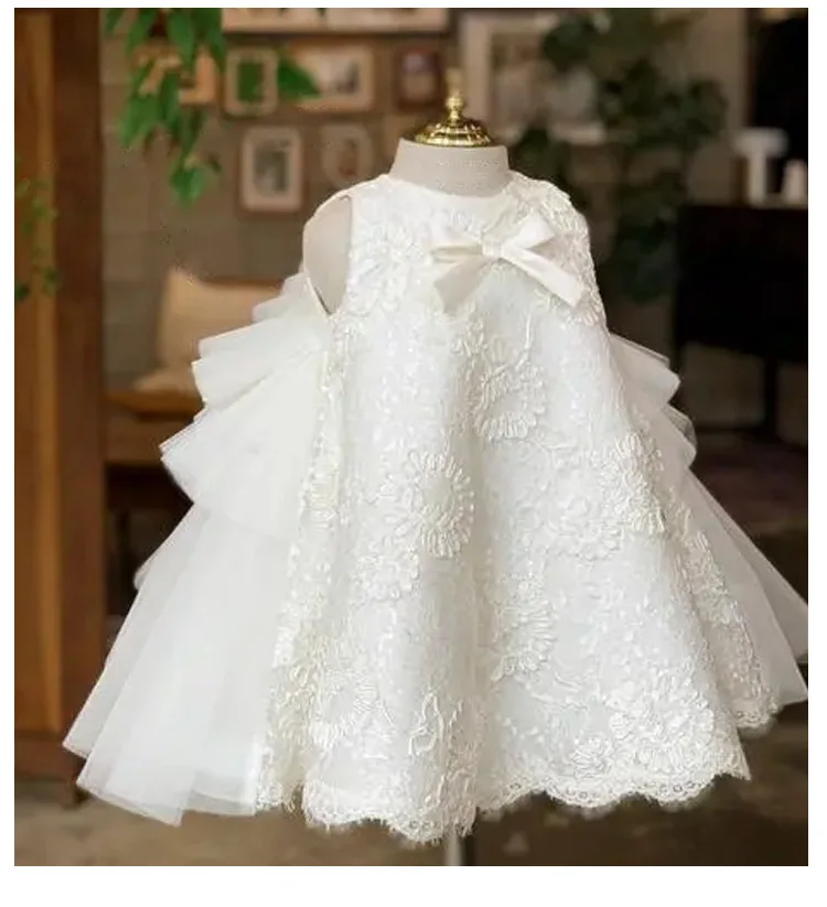 1st Birthday Baby Girl Dress White Lace Princess Wedding Party Dresses For Girl Tulle Flower Baby Baptism Christening Ball Gowns