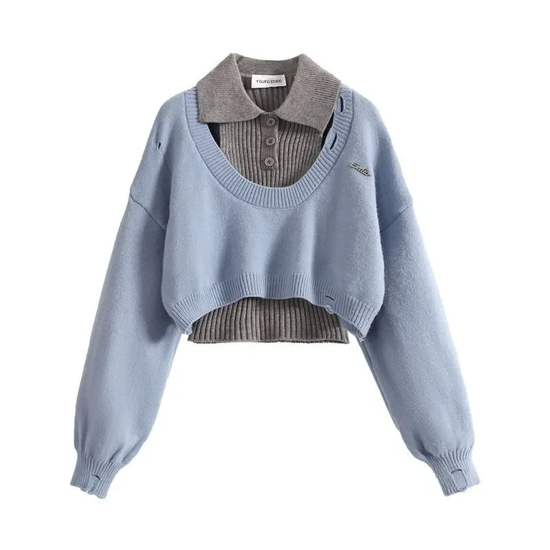 Charmante ort gebreide trui set voor dames herfst groot formaat flatterend afslankend gelaagd gebreid vest cover-up tweedelige set