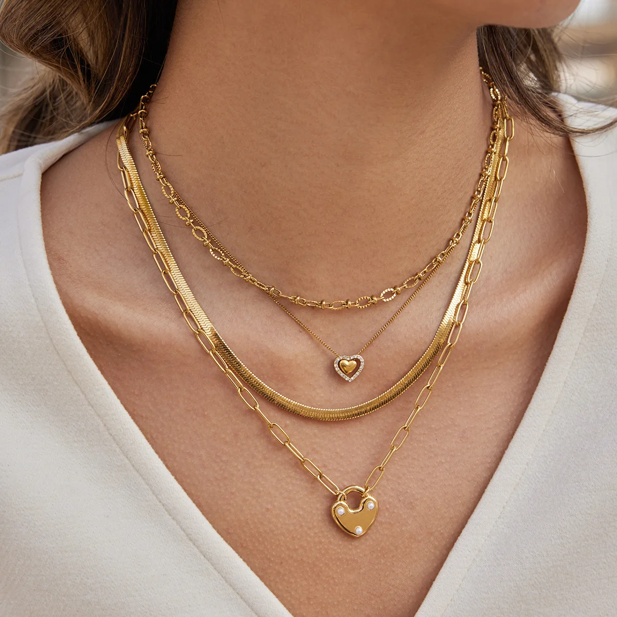 Clean Girl Pre-stacked Heart Lock Snake Chain Layered Necklace,Waterproof Non-Fading 18K Gold Stainless Steel,Love Jewelry Gift