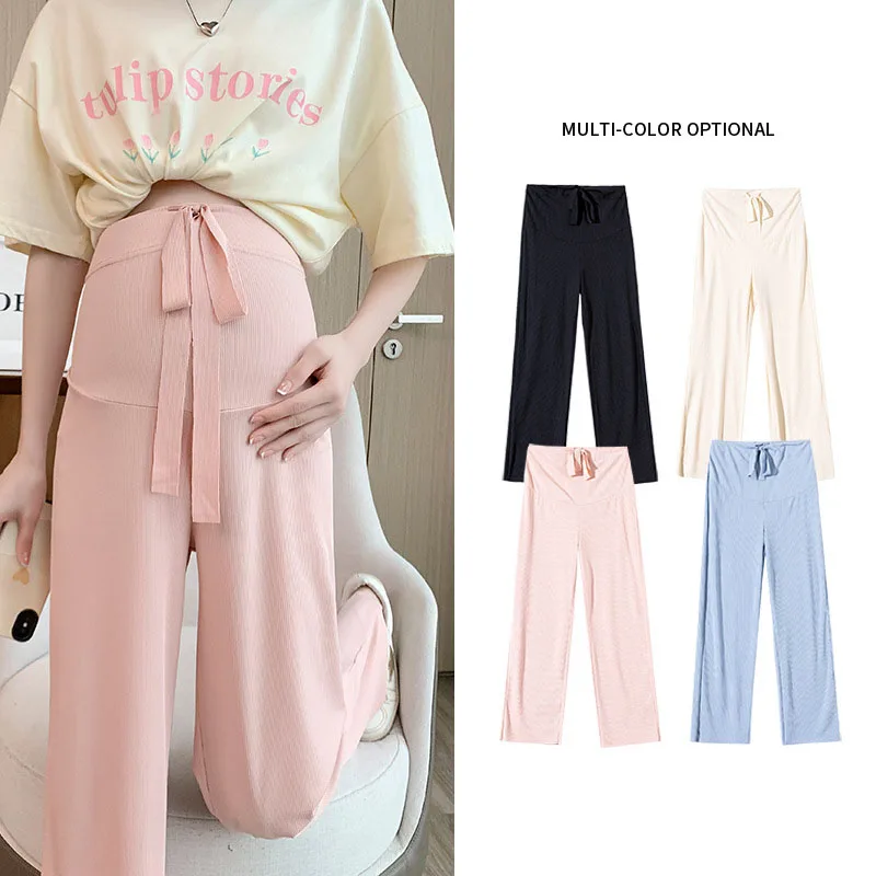 

Maternity High Waist Abdomen Pants Summer Thin Cotton Trouser For Pregnant Women Wide Leg Loose Prenancy Full Length Belly Pants