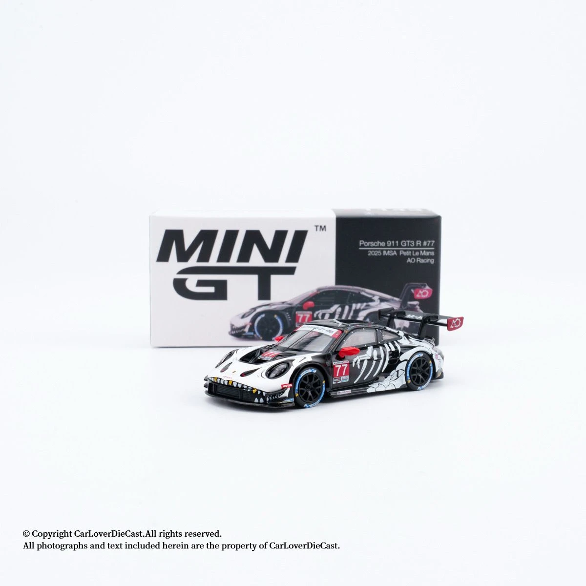 En stock MINI GT 1:64 Porsche 911 GT3 R # 77 GTD PRO AO Racing 2025 IMSA Petit Le Mans, Modelo de Auto de Aleación Coleccionable, Regalo