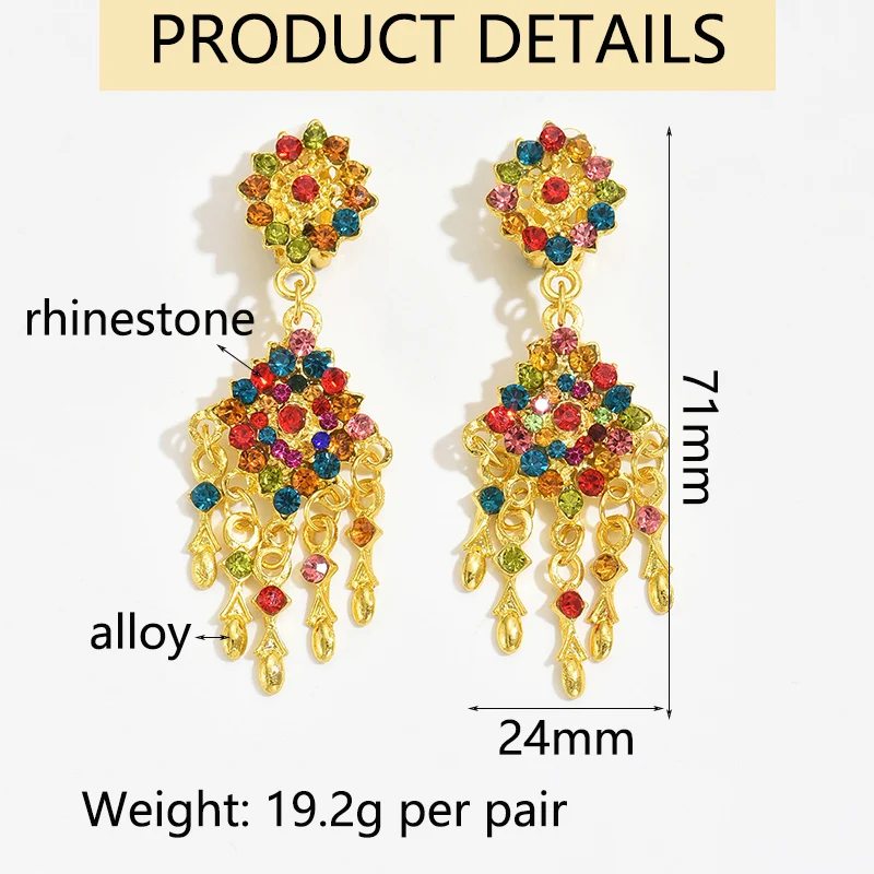 Vintage Palace Colorful Rhinestone Ear Clips for Women Bohemian Tassel Ethnic Dangle Earrings Non Piercing Fashion Party Jewelry