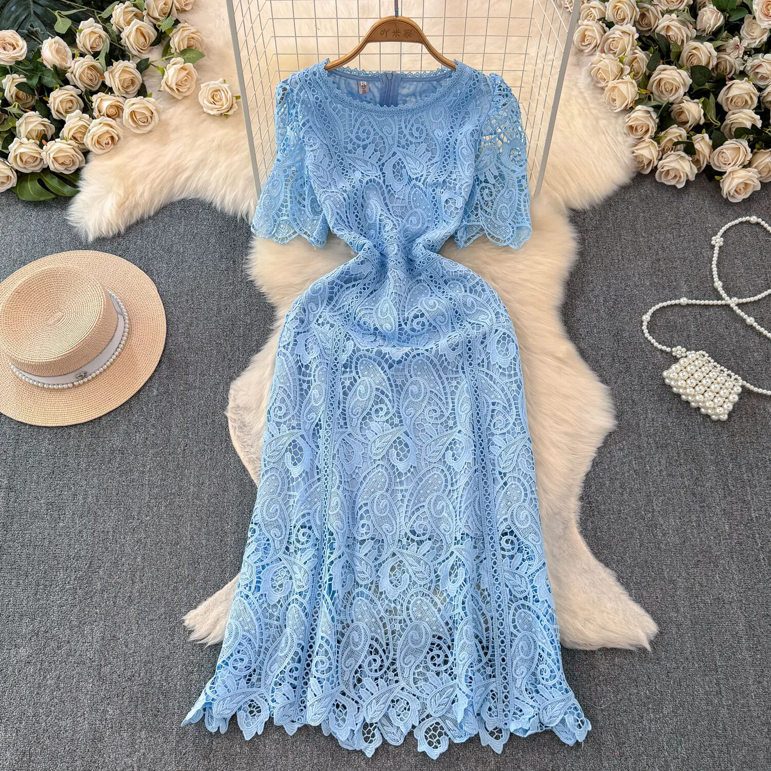 JAMERARY Runway Brand Designer Summer Holiday Flower Embroidery Lace Prom Wedding Dress Women Short Sleeve Midi Long Vestidos