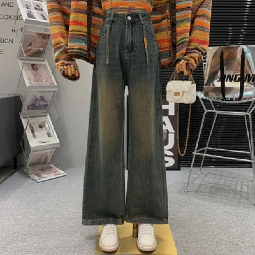 

2023 Fall Winter New Wide Leg Jeans Woman Retro Blue High Waist Jeans Ladies Casual Loose Straight Cylinder Jeans Womens