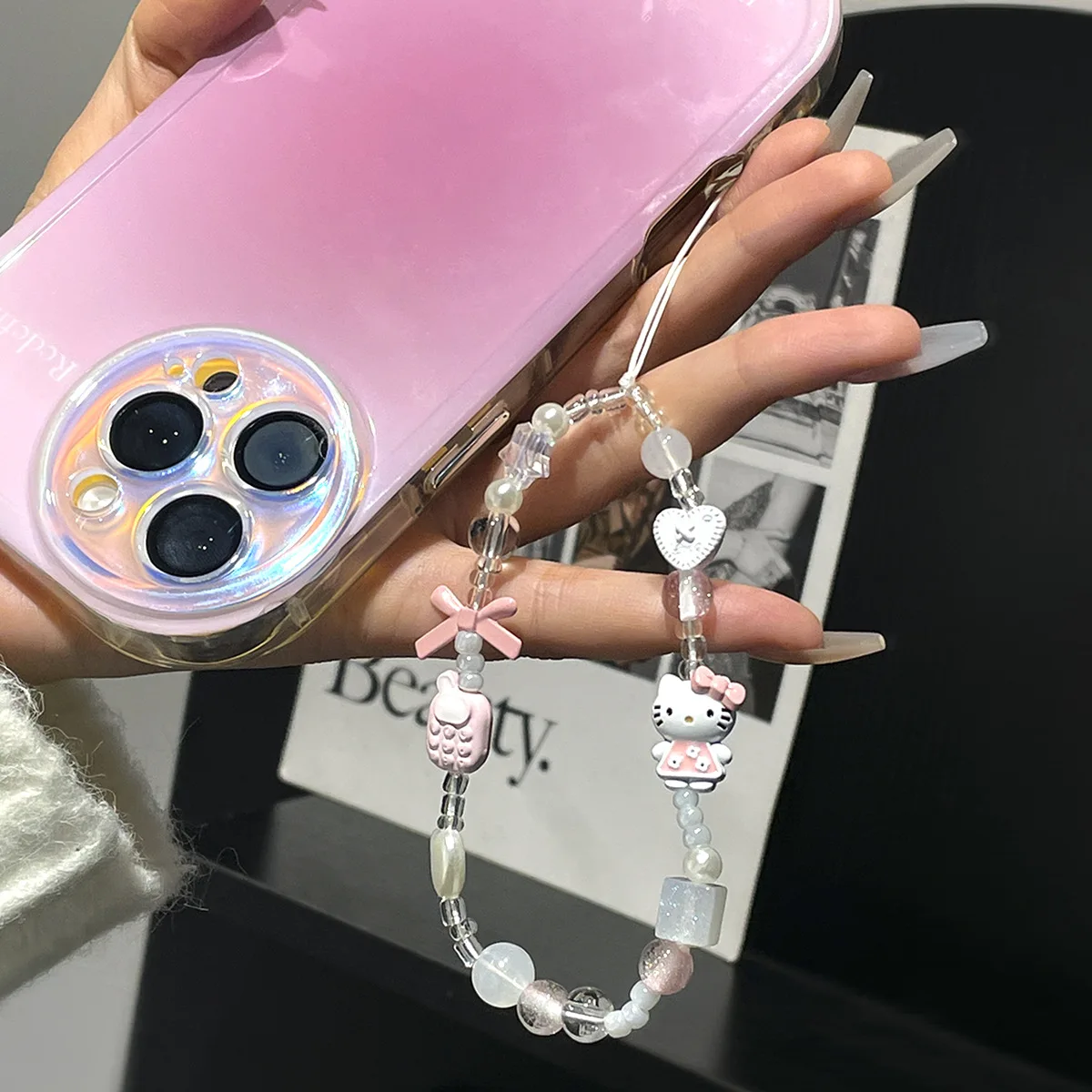 Ins Sweet Kawaii Hello Kitty  Anti-Lost Beaded Phone Strap Cute Bow Heart Bead Handmade Bag Pendant Keychain Gift For Women Girl view 2