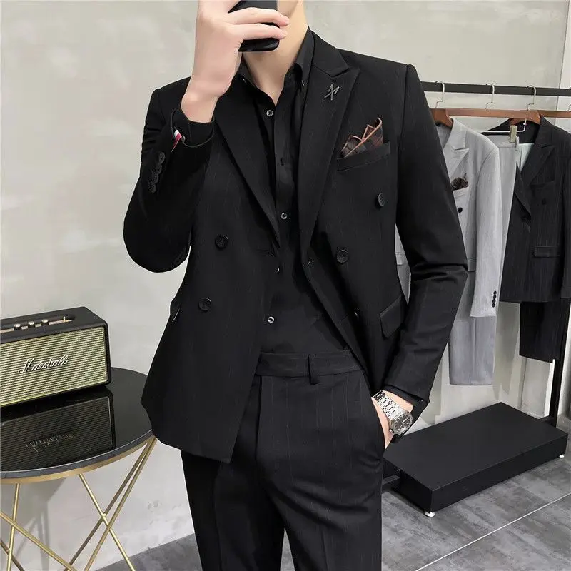 C219set pakaian formal pria, setelan 3 potong, kasual bergaris kecil versi Korea, slim fit, pengantin laki-laki, gaun pernikahan