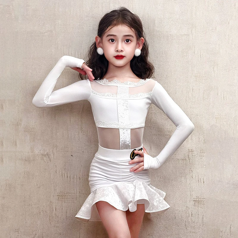 

Children White Latin Dress Girls Dance Performance Costume Lace Collar Bodysuit Ruffle Skirt Kid Latin Rumba Stage Wear AMY2620
