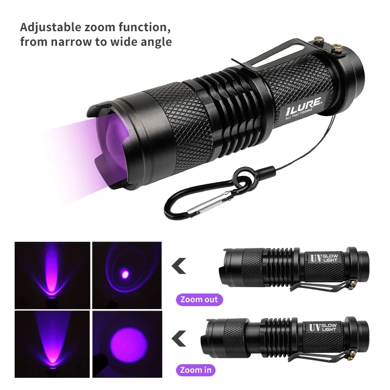 New Mini UV Purple Flashlight 395nm Fishing Lure Squid Jig Hook Supplement Light Fluorescent Detection Lamp Fishing Equipment