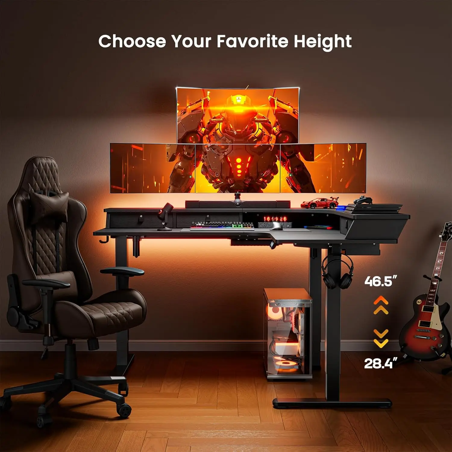 65″ L Shaped Gaming Desk with 3 Drawers,Standing Desk Height Adjustable w/Monitor Shelf , Cable Management Trays for Home Office