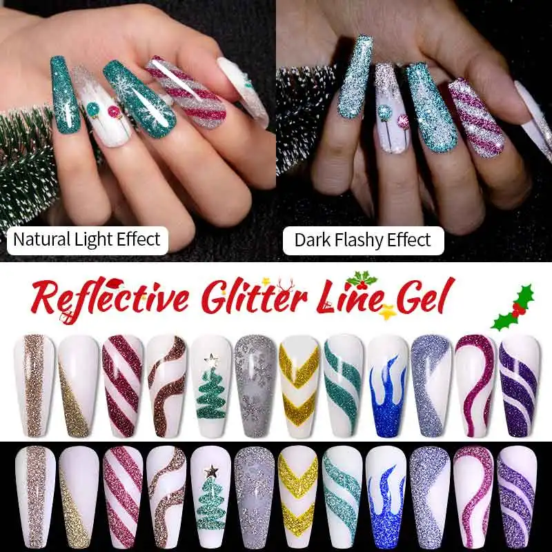 Bozlin 8ml natal reflexivo glitter linha gel unha polonês 12 cores para pintura uv unhas desenho polonês diy pintura vernizes