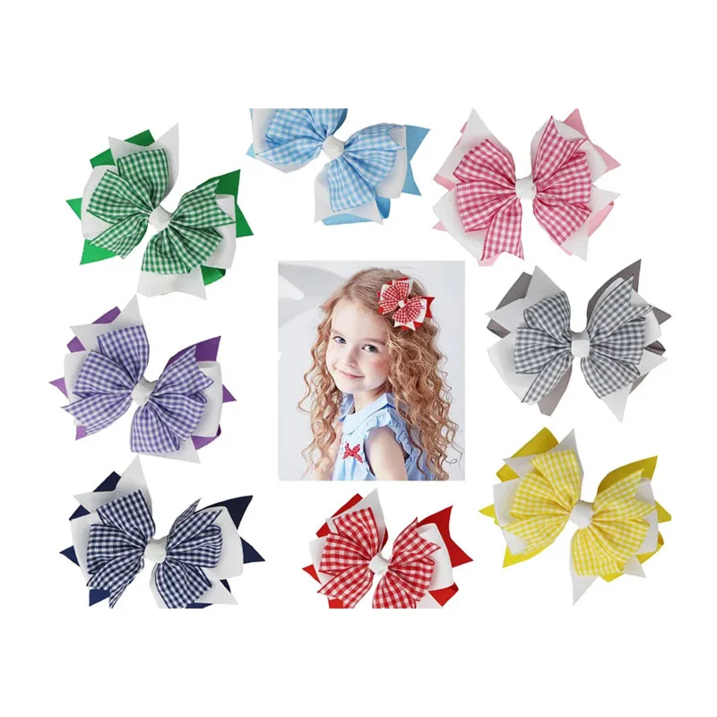 

WHOLESALE 20PCS 4.5" Back to School Gingham Ribbon stacked Girl Hair Bow Clips plaid Bows Hair accessories For baby Baby Girls