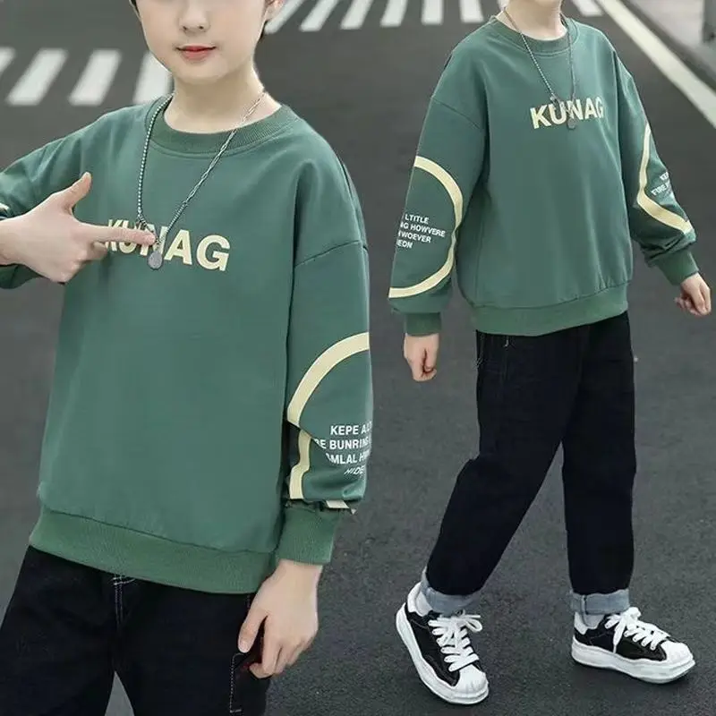 2025 New Arrival Boys' Crewneck Sweatshirt 6-12 Years Old Big & Mid Size Kids Spring Autumn Casual Loose Fit Base Layer Top