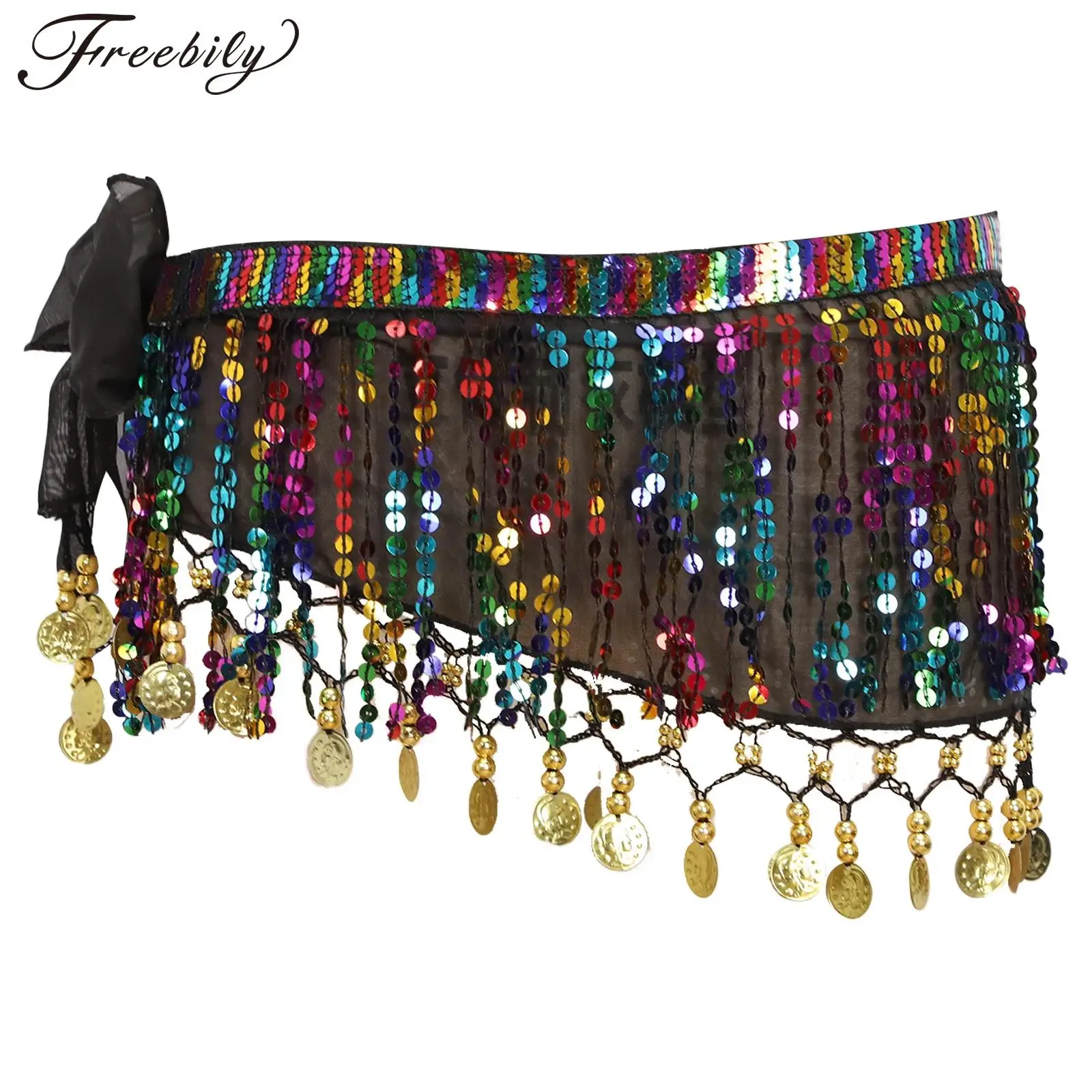 Women Belly Dance Hip Scarf Sequin Tassel Plastic Beads Metal Sequin Lace-Up Mesh Hip Skirt Stage Costume Practice Dancewear