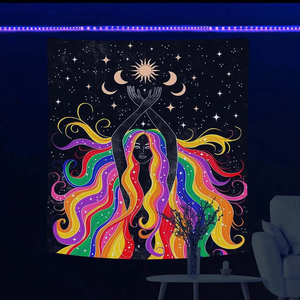 아프리카 흑인 여성 형광 태피스트리 황금 태양 달 벽 교수형 환각 Trippy 해골 요술 태피스트리 침실