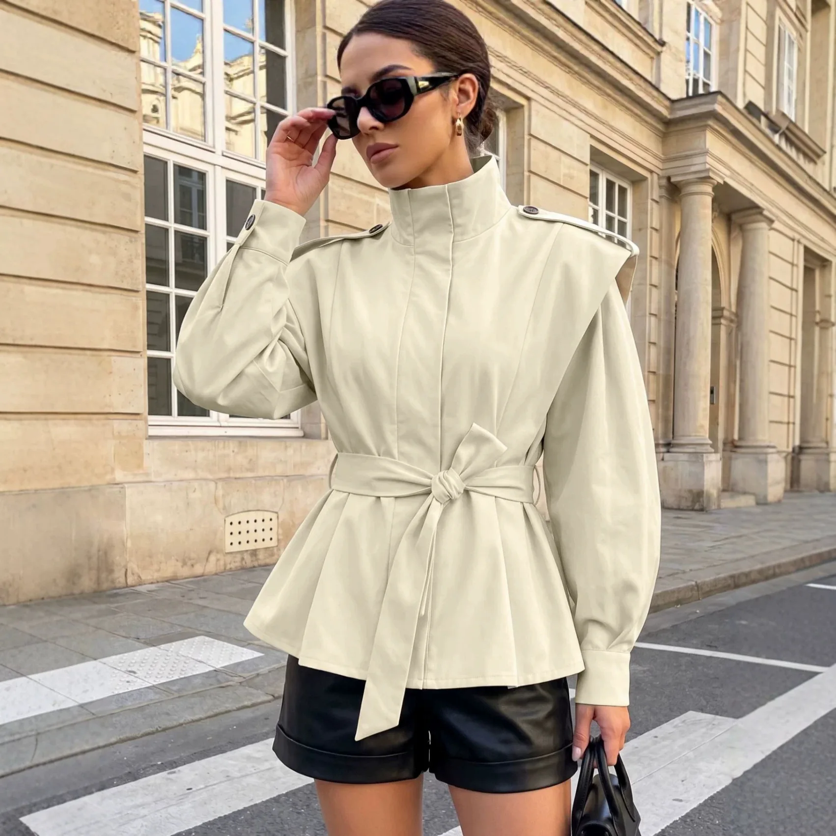 Women Stand‑Collar Tie‑Belt Waist‑Defined Outerwear For Autumn Winter Street Commuter Daily Wear Windbreaker Women's Jacket