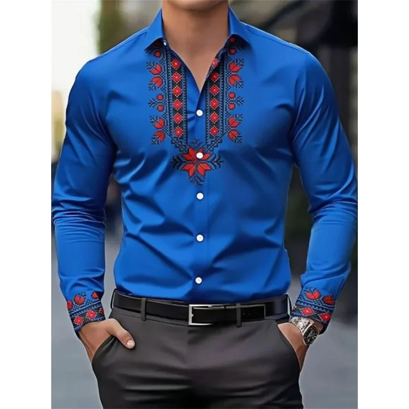 Men's 3D HD Printing Retro National Style Long Sleeve Casual Shirt Spring and Autumn Fashion Lapel All-match Tops