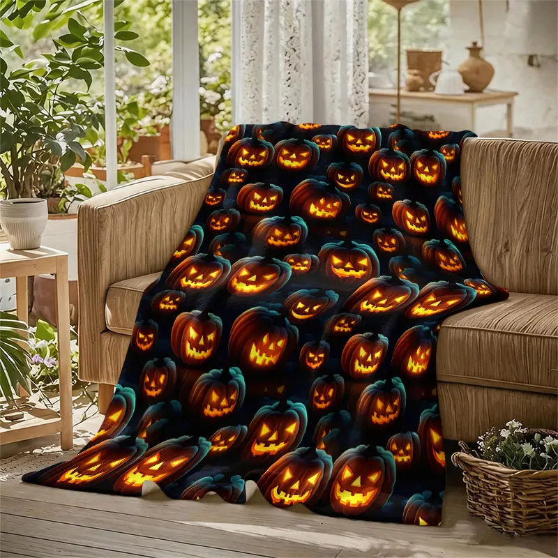 Glowing Pumpkins Dark Blue Flannel Blanket Perfect for Sofa Office Bed Travel Sleep Read Relax Camping Four Season Use