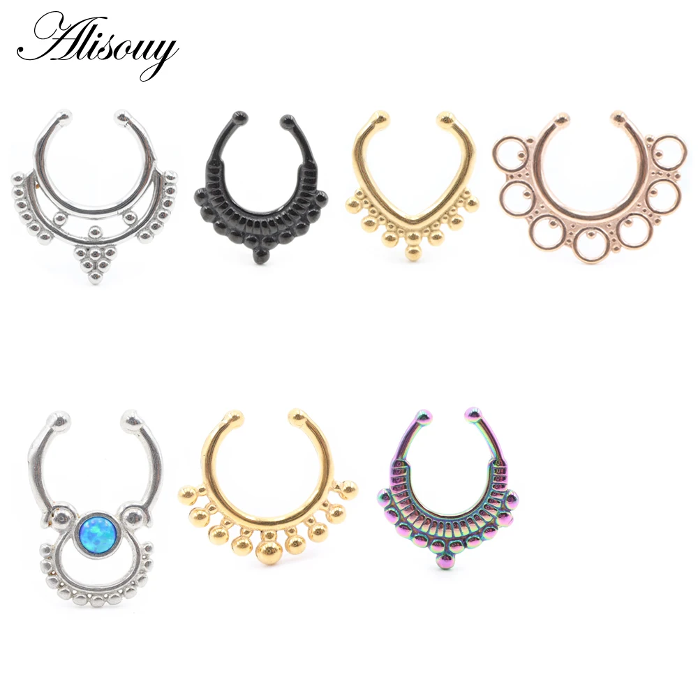 Alisouy 1PC Edelstahl Casting Ball Kreis Opal Nasenring Septum Ohrmanschetten Knorpel Tragus Daith Nicht Piercing Körperschmuck