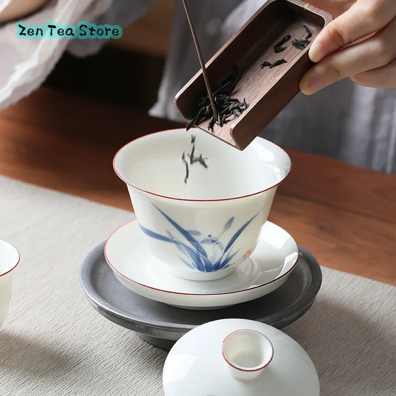 White Porcelain Hand-painted Orchid Cover Bowl Large Underglaze Color Three Tea Bowl Home Chinese Style Not Hot Tea Maker