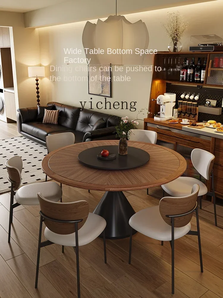 round table solid wood texture round rock slab dining table household high-end with turntable