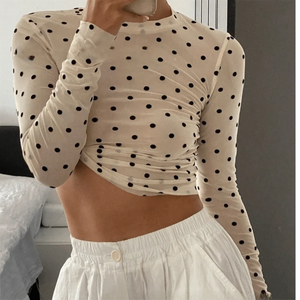 

Breathable Transparent Polka Dot T-Shirt Leopard Slim Fitted Mesh Top Round Neck Y2k Crop Top Office Wear