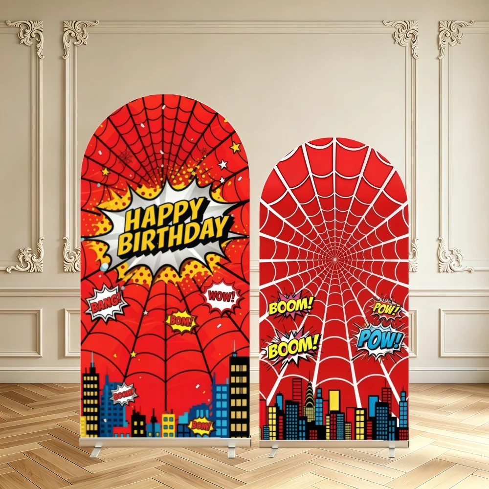 Comic Superhero Arch Backdrop Cover Red Spider Web City Skyline Happy Birthday Decoration Double Sided Arch Cover Background