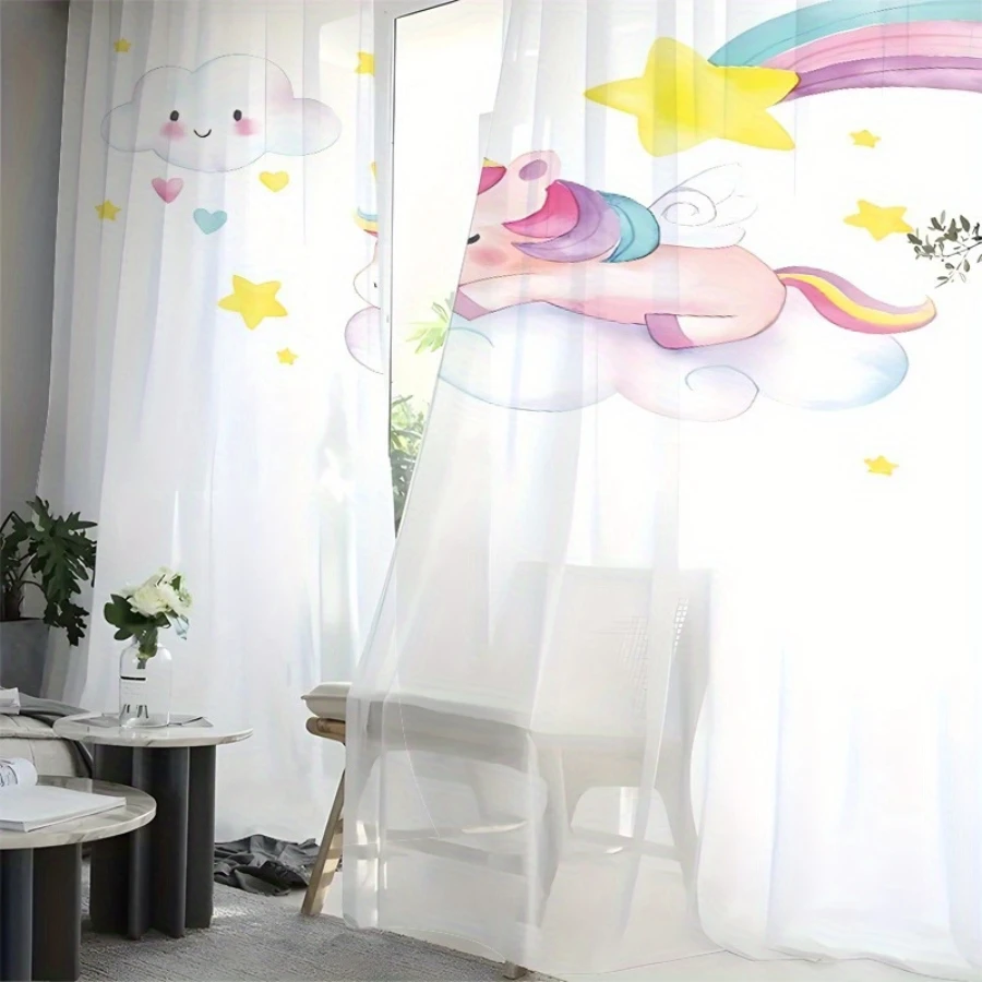 2PCS Digital Print Sheer Curtain, Unicorn Among Clouds Rainbow Pattern, Magical Fantasy Fairy Tale Princess Girls Room Decor view 3