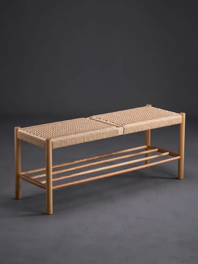 Nordic Solid Wood Rope Wool Shoe Changing Stool Japanese Style Simple Bed End Stool Log Color Rattan Bench Combination Hallway