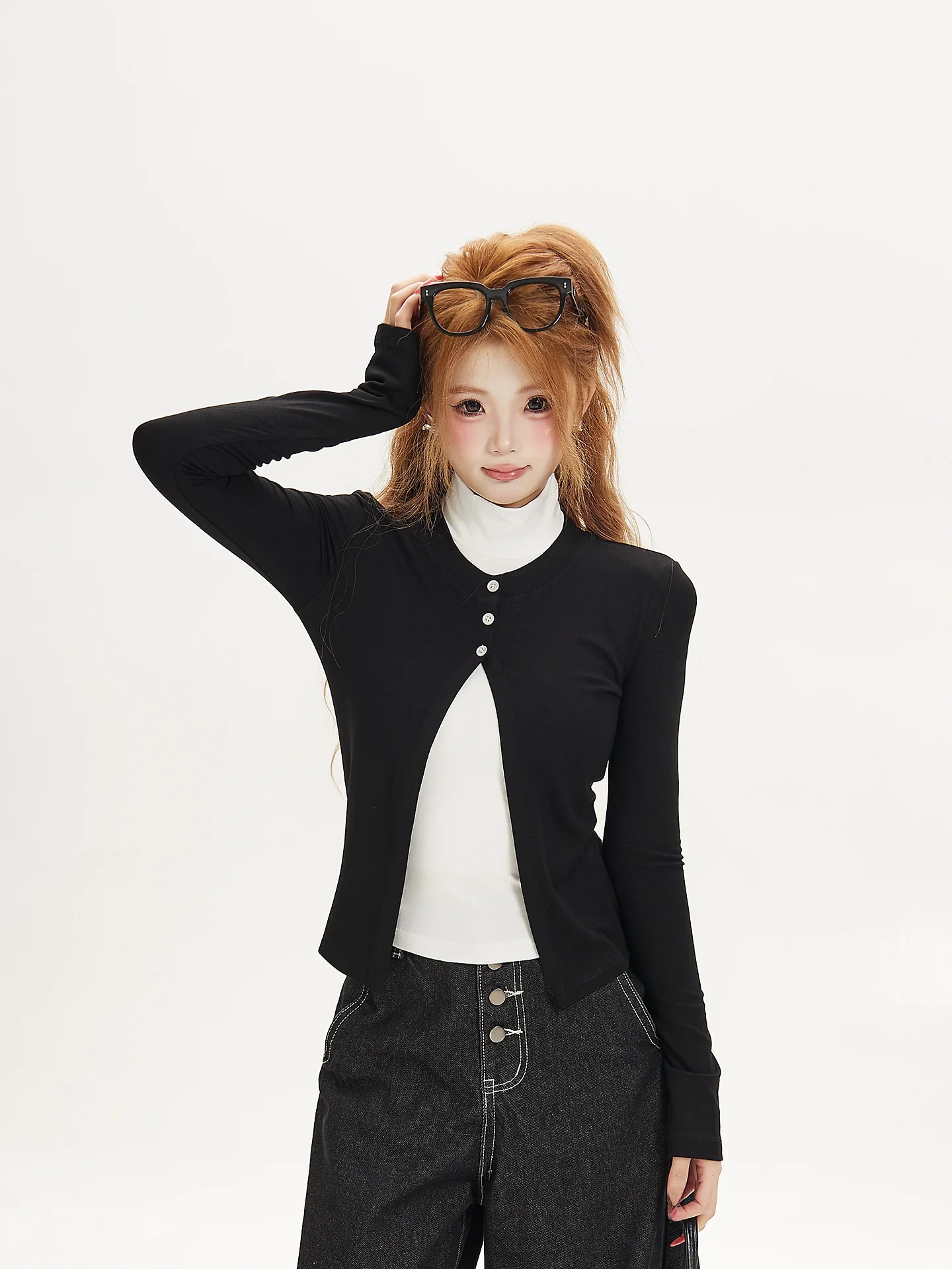 Black High Collar Long Sleeve T-Shirt Women's Slim Fit Patchwork Design Creative Korean Style Travel Casual Top for Students