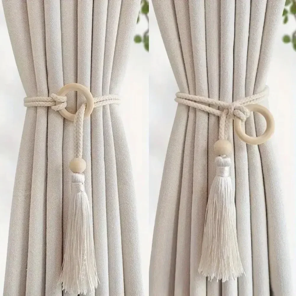 2pcs Bohemian Chic adjustable cotton cord curtain tie fringe - hand woven, log loop curtain buckle strap