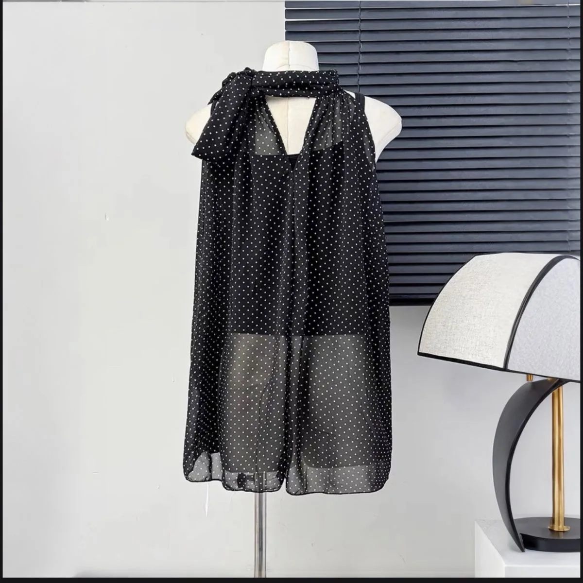 Black Shiny Polka Dot Sash Neck Hanging Sleeveless Chiffon Shirt Women's Elegant Loose Top Commute Style Polyester Fiber