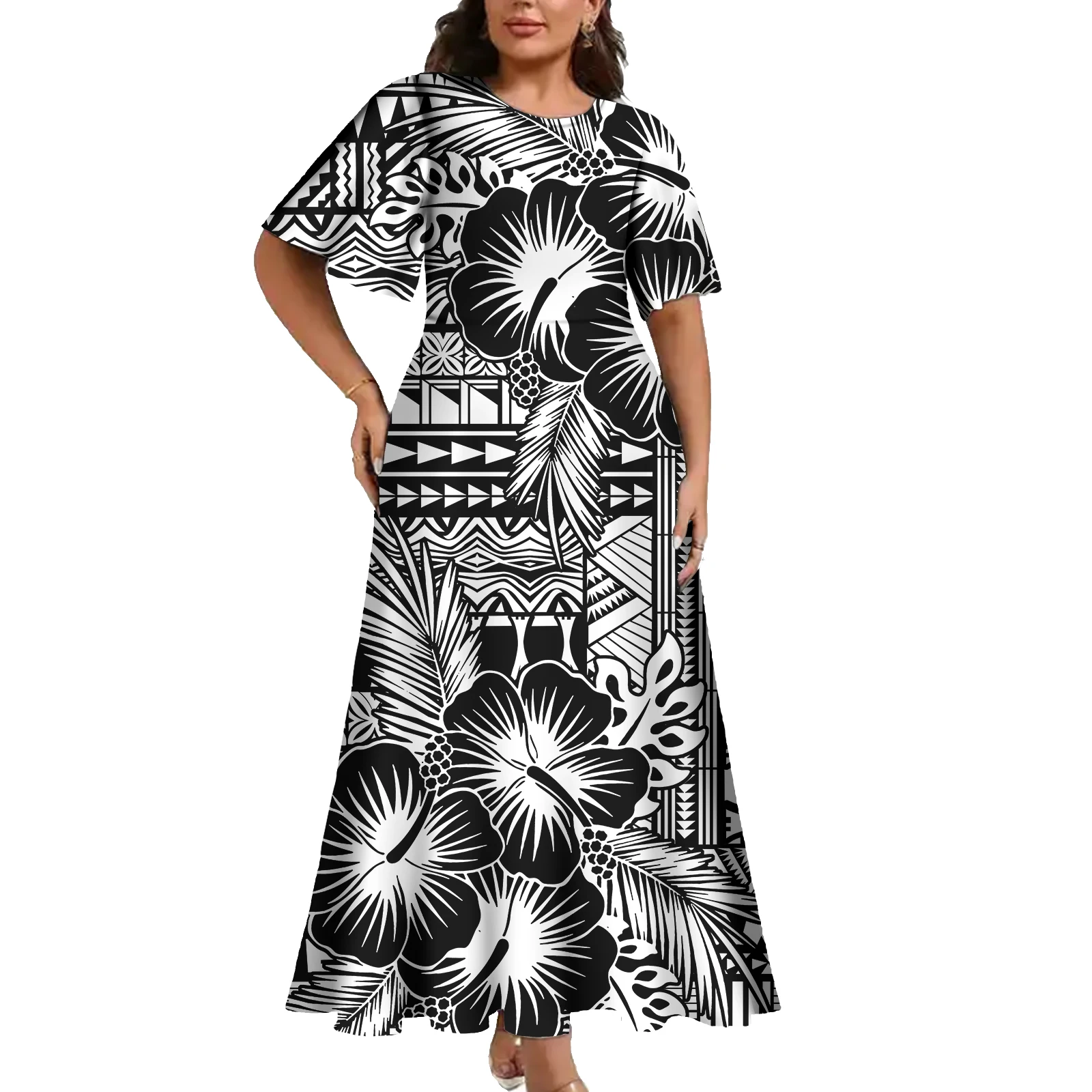 

Горячая распродажа: Женское платье с гавайским принтом гибискуса, короткий рукав, в саумонском стиле, полинезийская одежда для женщин, одежда для Азии и Тихоокеанских островов, на заказ