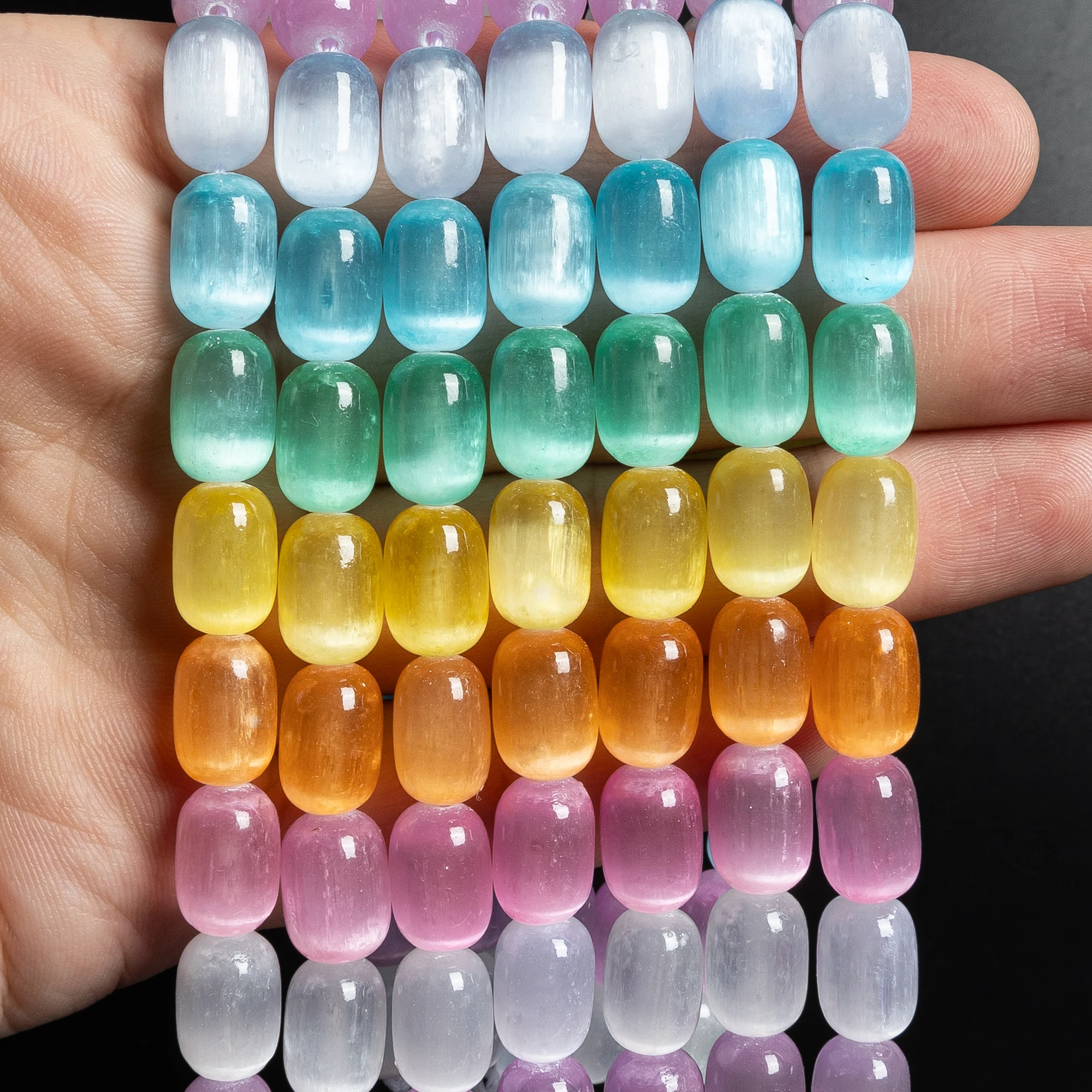 Smooth Mixed Color Selenite Barrel Shape Beads 8x12mm Natural Rainbow Selenite Beads Multicolor Gemstone Beads