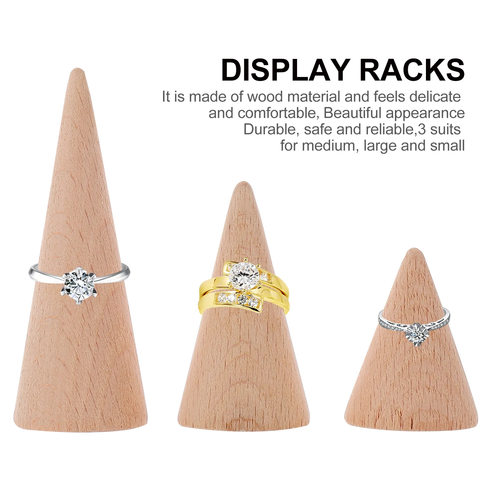 

3Pcs Solid Wood Cone Shaped Ring Holder Display Rack Jewelry Storage Shelf for Desktop Showcase Display Rack Ring Holder