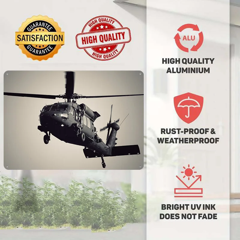 Black Hawk Helicopter 3D Printed Texture Poster Personalized Wall Art Retro Metal Tin Signs for Vintage Decor Room Wand Deko