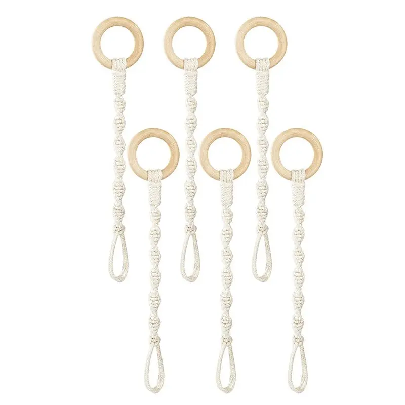A53Q-6-Pack Plant Hanging Extender Wood Ring Hand Woven Flower Pot Rope Hanging Cotton Rope Garden Flower Pot