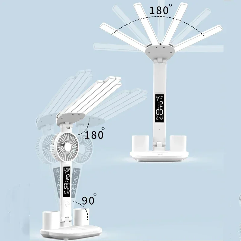 Led Eye Protection Desk Lamp Time Temperature Display Desk Lamp Folding 4-head with Fan for Learning Student Dormitory Reading