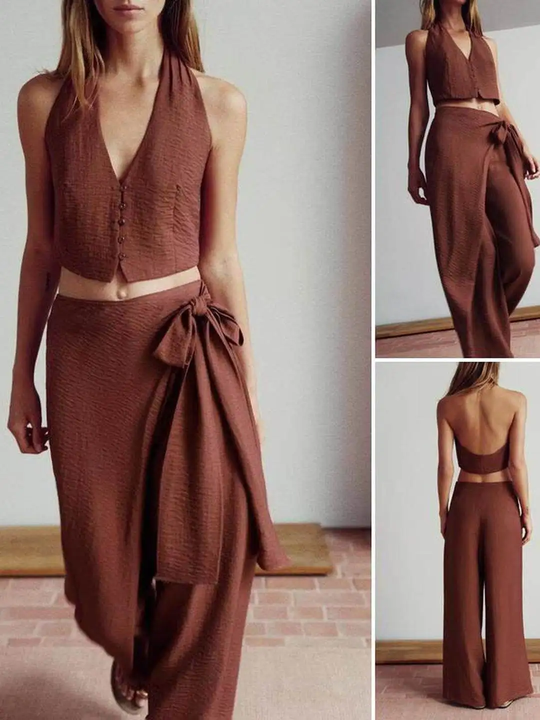 Fashionable Summer Short Top Neck Hanging Collar Scarf Style  Knot Decoration Long Pants Women's Stylish Suit Set