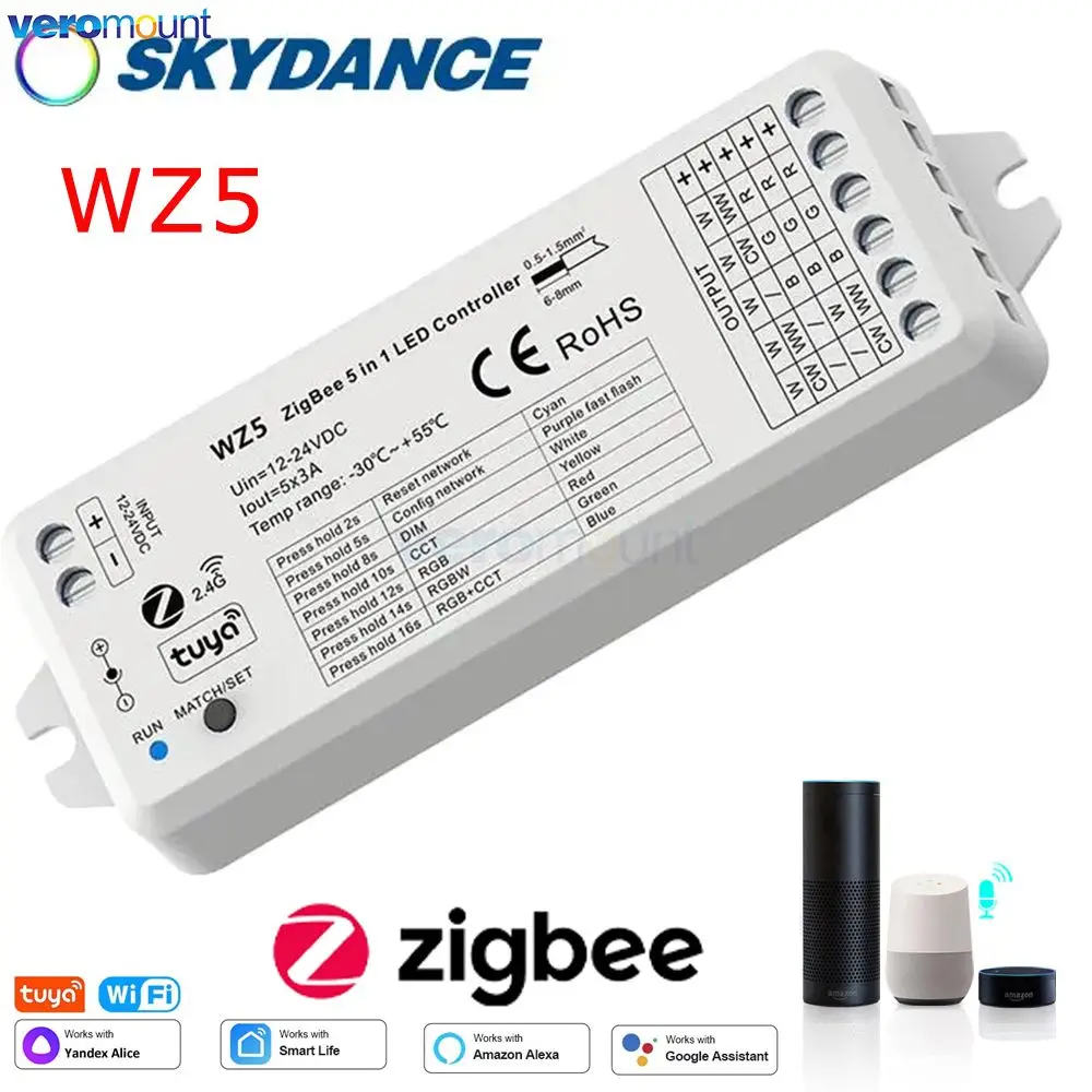 WZ5 Tuya Zigbee LED Controller DC 12V 24V 15A 5 in 1 RGB CCT RGBW RGBCCT LED Strip Light Controller RF 2.4G Wifi Smart Home