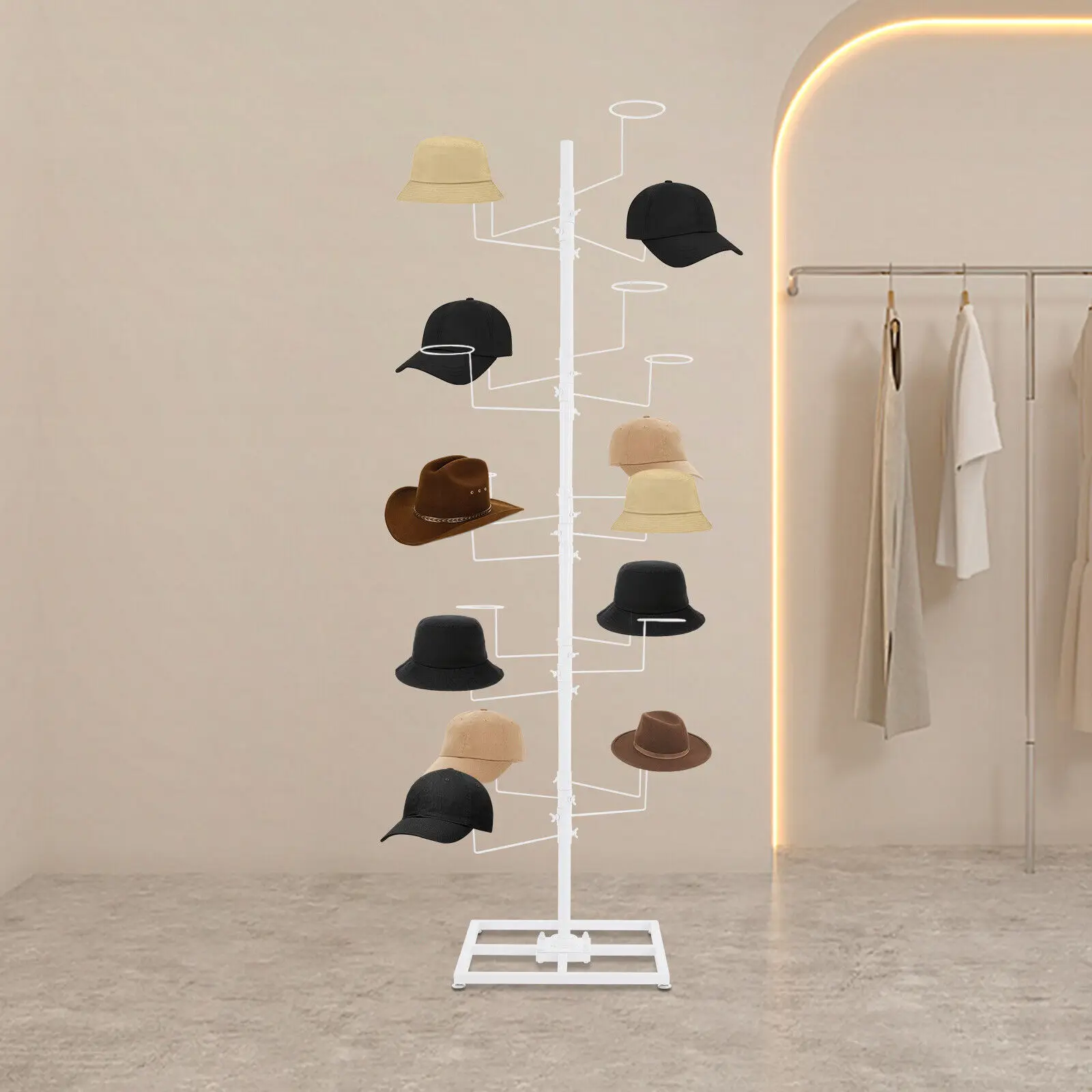 

1.83m/6.02ft 5-Tiers 20-Caps Metal Rotating Hat Display Rack Free Standing Floor Headwear Stand