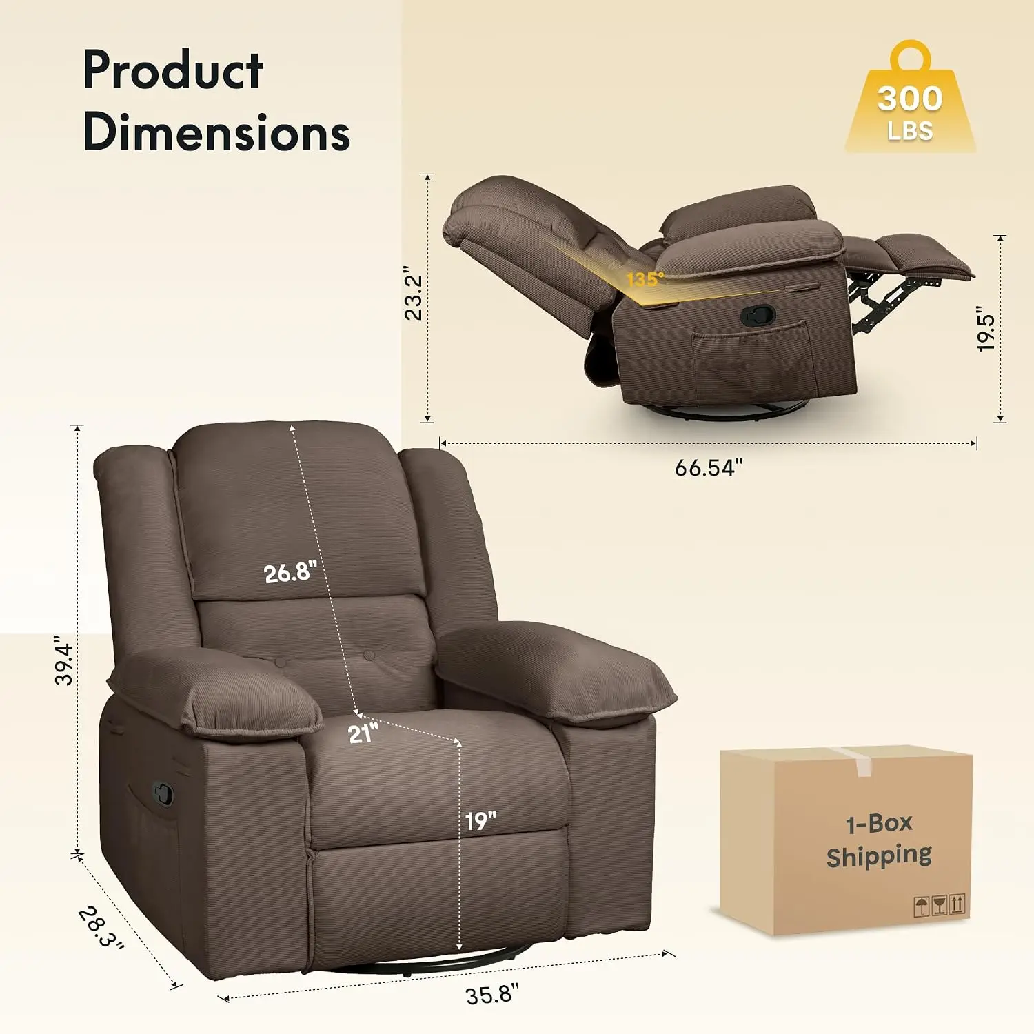 Rocker Recliner w/Massage & Heat, 360° Swivel Glider, USB Port & Side Pocket, Compact Living Room Sofa, Customized