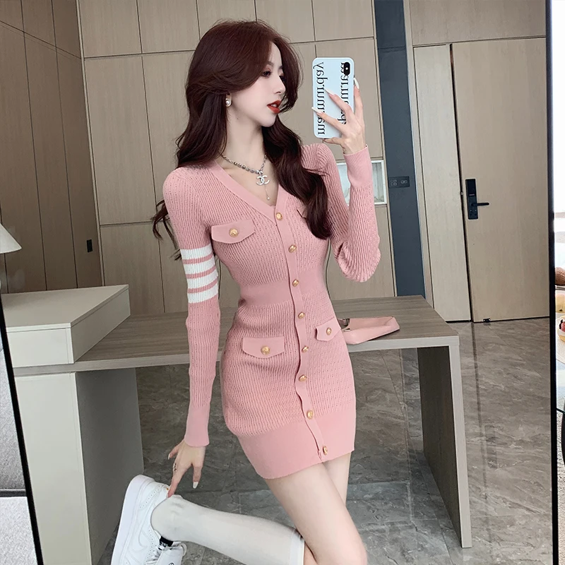 2024 fall and winter commuter casual small perfume style knitted dress long-sleeved waist thin package hip inner short skirt