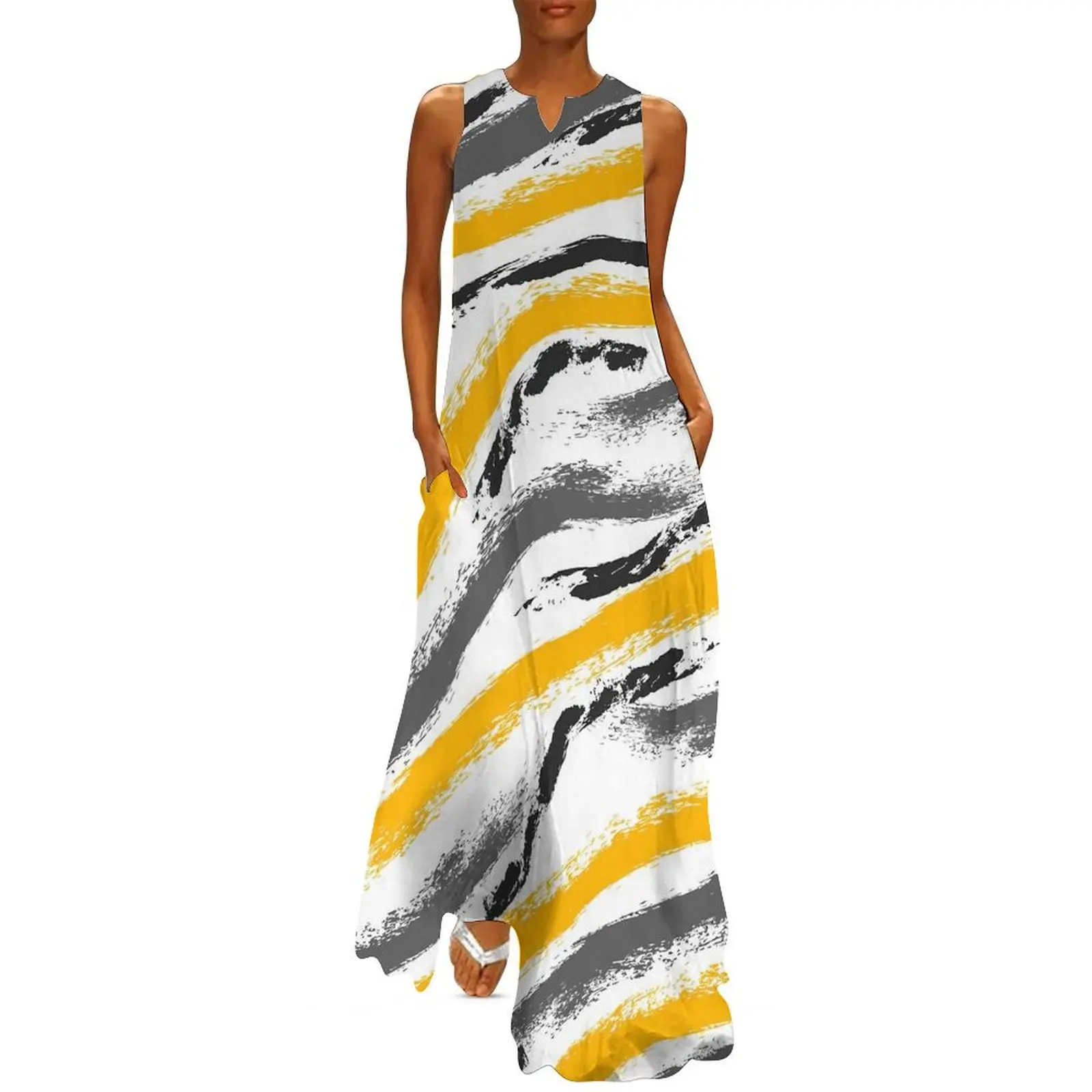 Brush Textured Dress Summer Yellow And Black Streetwear Casual Long Dresses Womens Party Maxi Dress Gift Idea