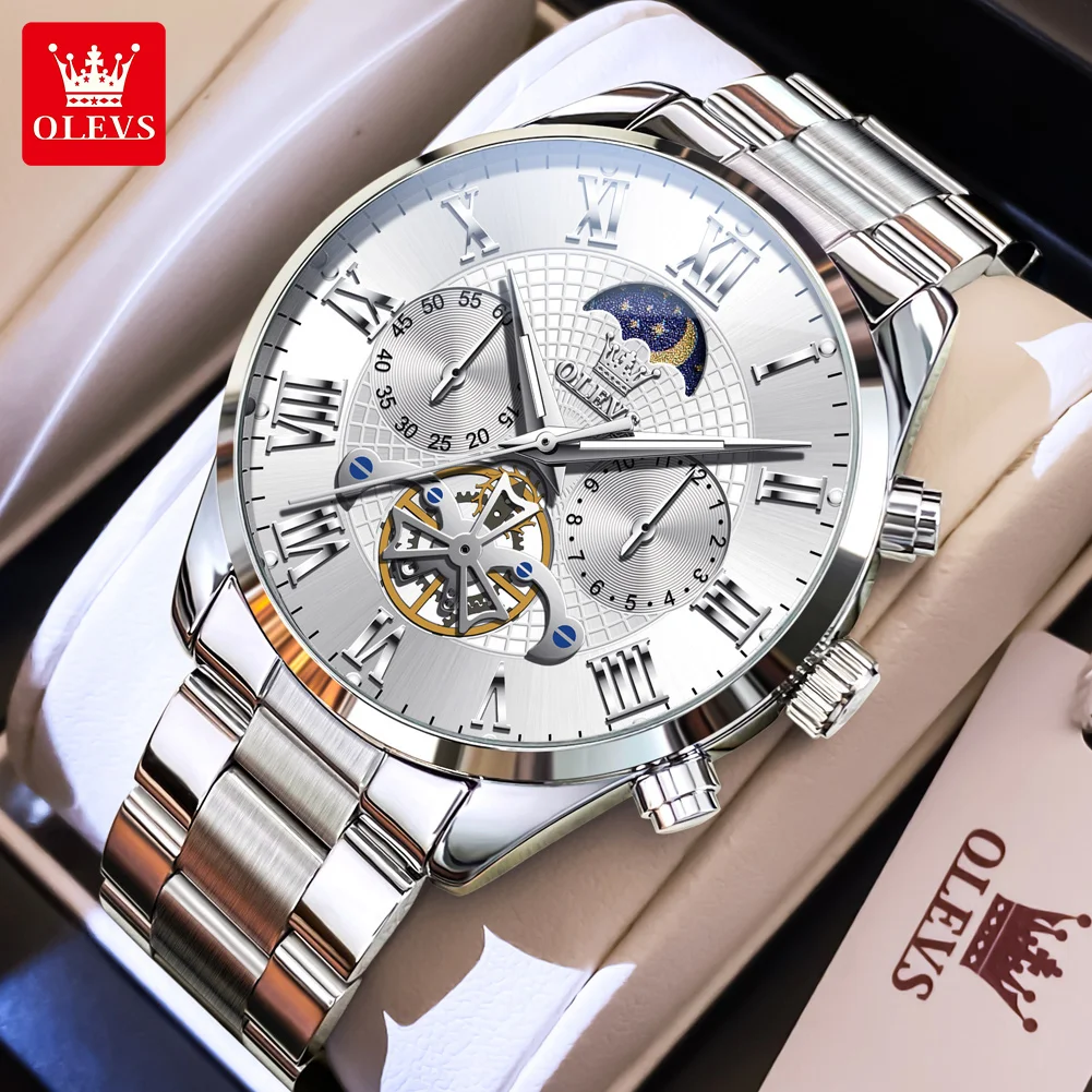 OLEVS 3640 Men's Watch TOP Brand Chronograph Moon Phase Noctilucent Stainless steel Strap 30M Waterproof Man Wristwatches