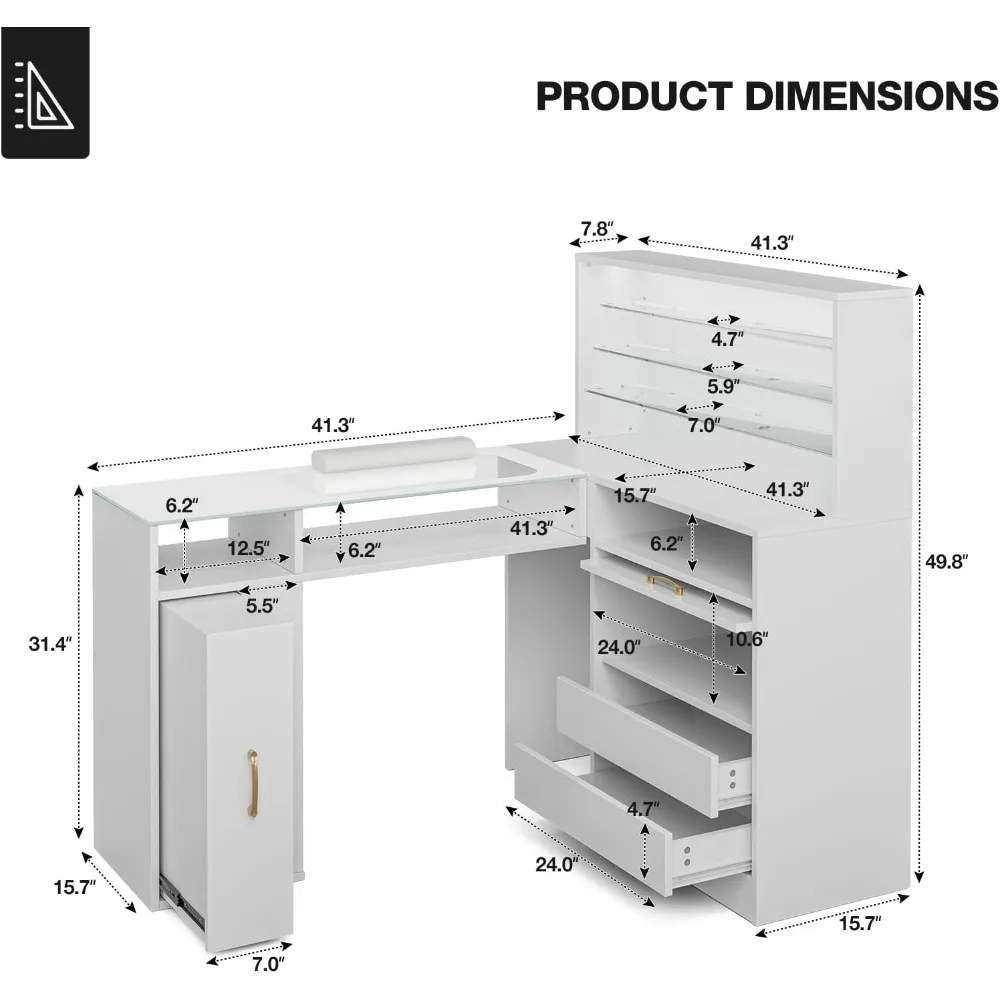 طاولة مانيكير مع ضوء LED، طاولة تكنولوجيا الأظافر على شكل حرف L مع رفوف تخزين، باب الخزانة لأعلى، وقاعدة أظافر الزاوية #2