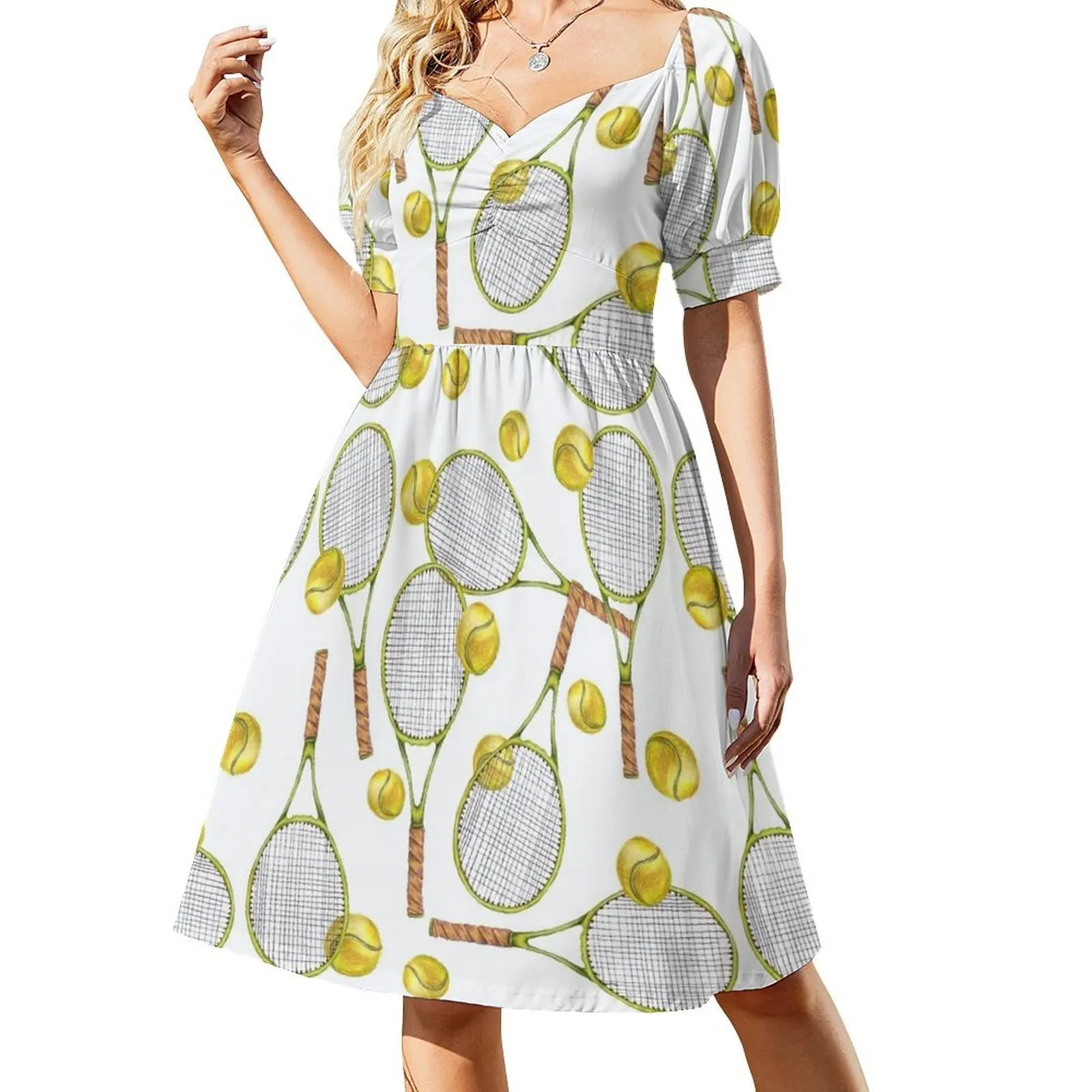 

pattern with tennis rackets with tennis balls. color pencil Short Sleeved Dress women dress summer dress women 2025