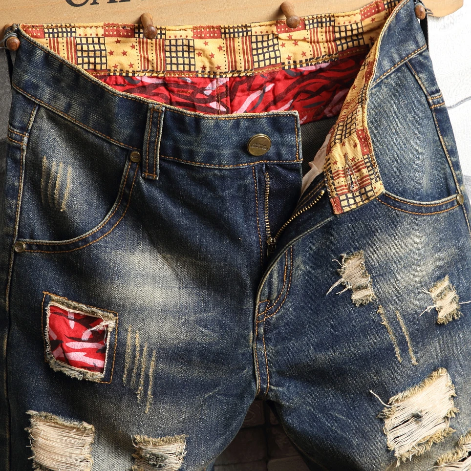 Hole Vintage Men Jeans Shorts Denim Distressed Knee Length Pockets Spliced Cuffs Skinny Washed Punk Style Ripped Mid Waist 2024