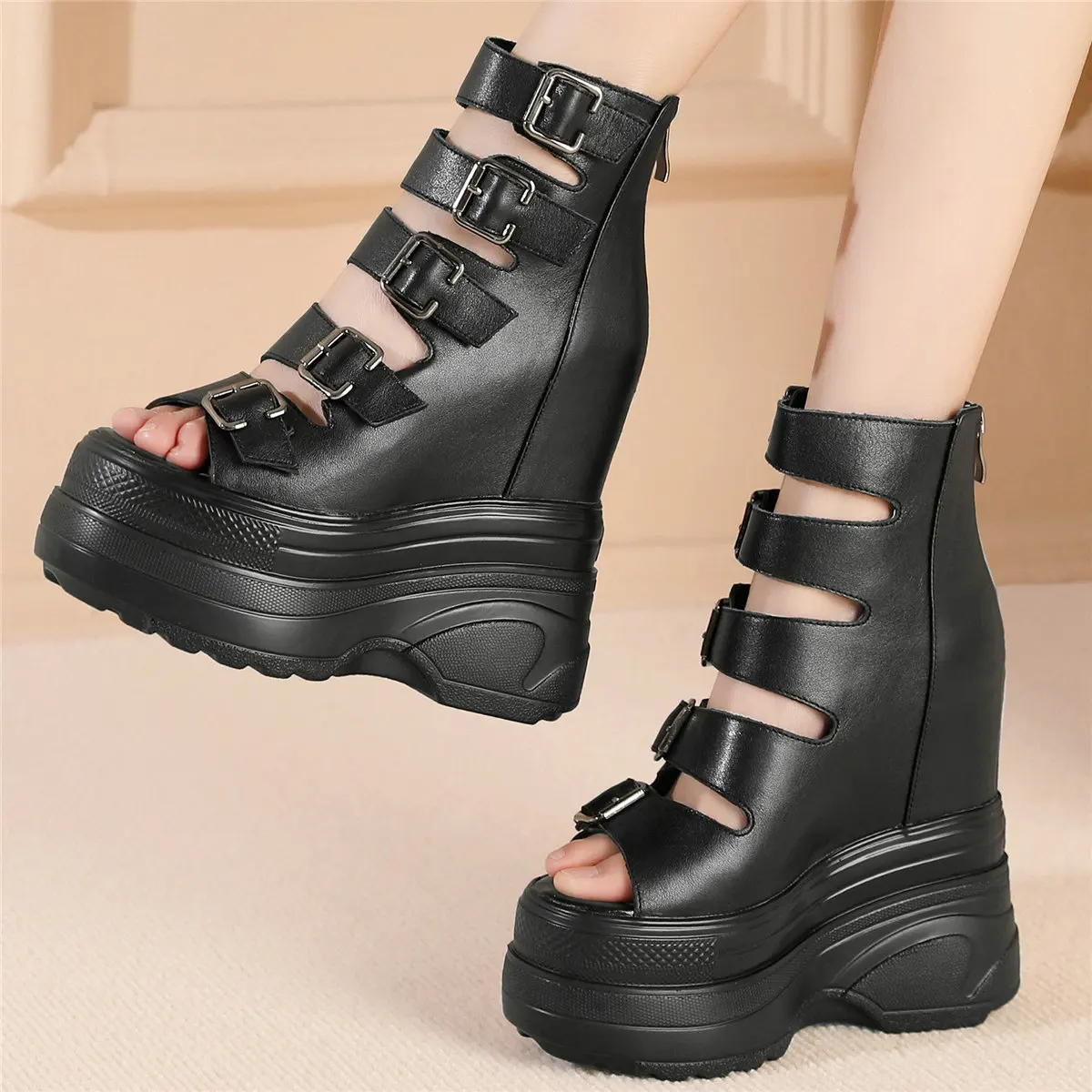 

2024 Platform Pumps Shoes Women Genuine Leather Wedges High Heel Gladiator Sandals Female Peep Toe Fashion Sneakers Casual Shoes