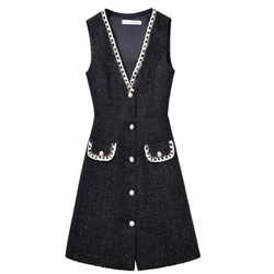Women Vest Dress Chic Slim Office A-line Tweed Dresses Party Vestido For Women 2024 Autumn Winter Woolen Robe Gilet Thicken